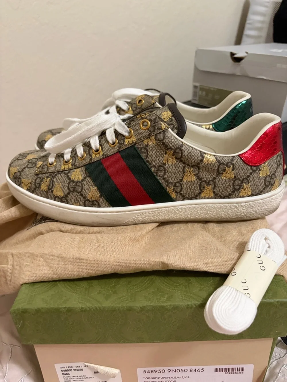 GG Supreme Monogram Bees Ayers Web Ace Sneakers Beige Oro Green Red - Picture 3 of 8